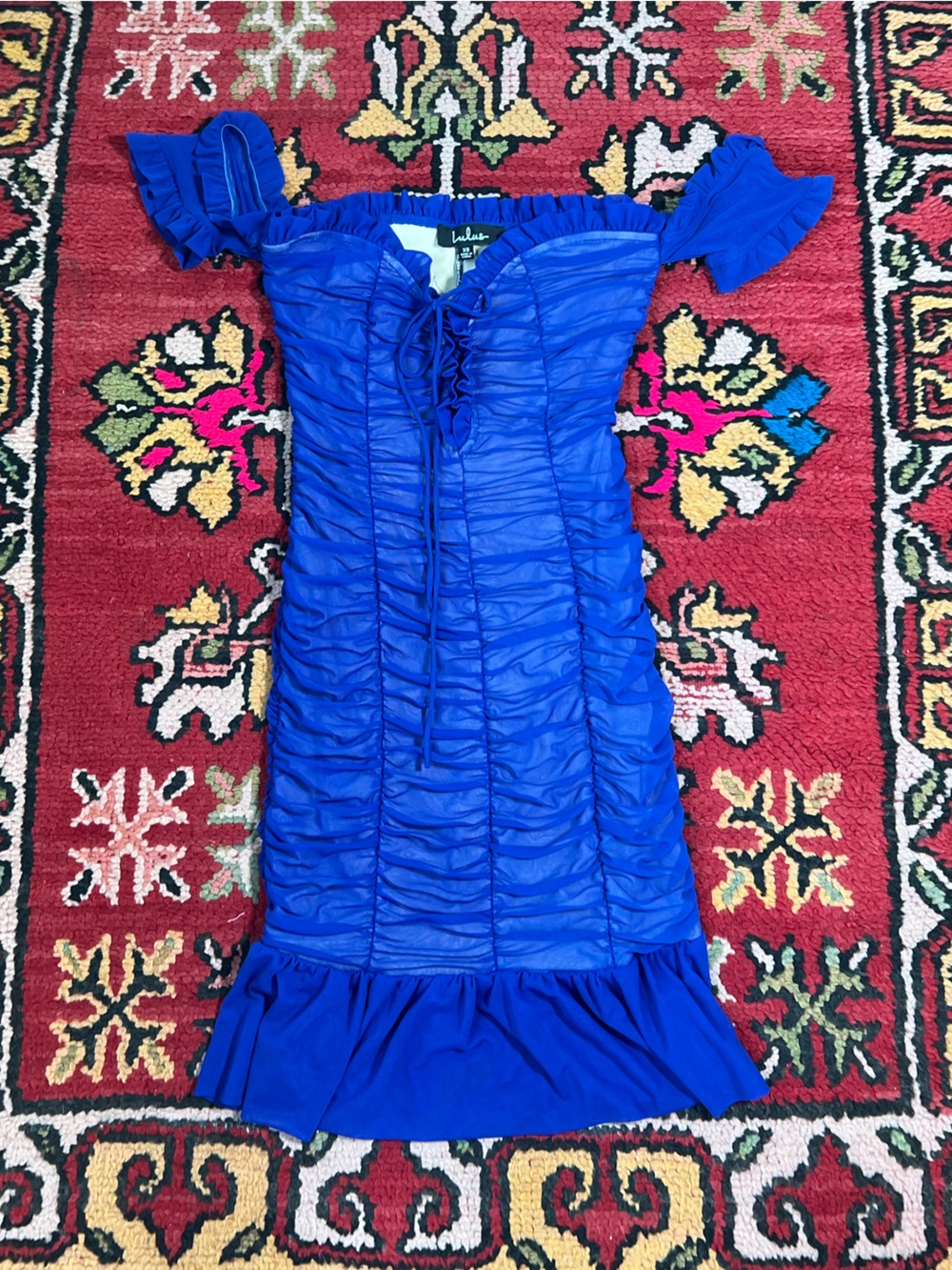Lulu's Electric Blue Ruched Off-Shoulder Mini Dress
